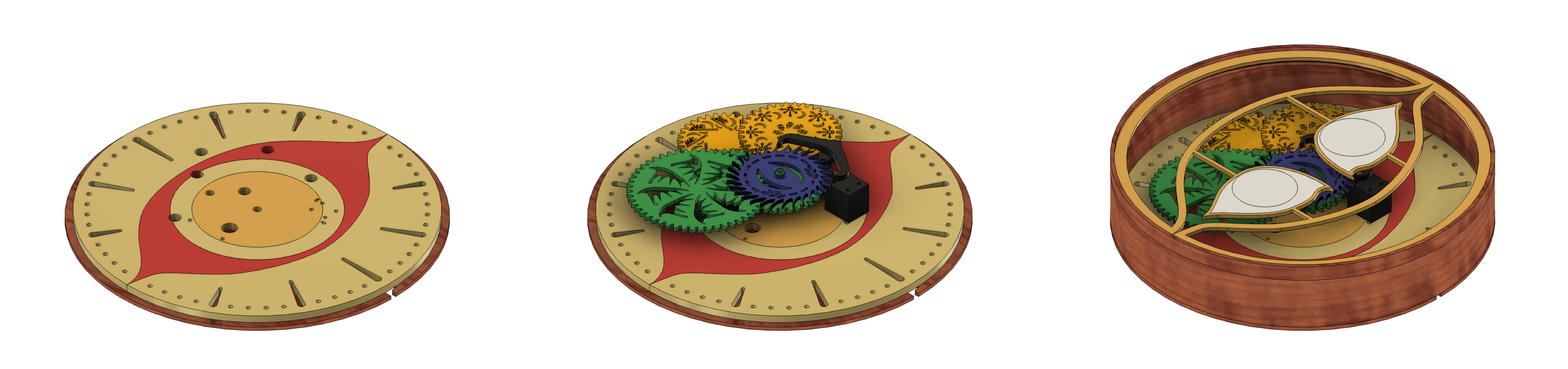 Diagram CAD layers for the Chaos Clock. Left most image is the back face, which contains the red and the outline of the eye. Middle image includes the gear train, which have some of the symbols from the game Hades cut out. Right most image is the full CAD, which features the eyes cut out of the front face of the clock.